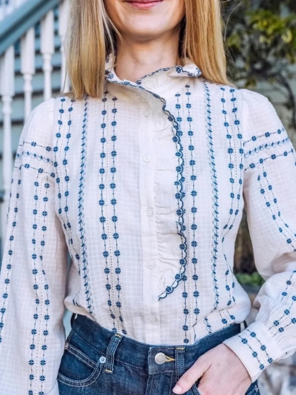 SEZANE Chlo Floral Embroidered Ruffle Button Down Shirt Top 36 USA 4 - Picture 5 of 9